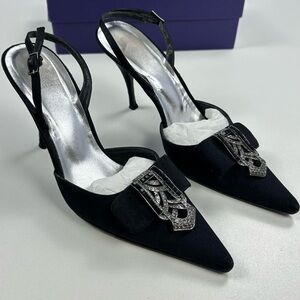 Elegant Black Satin Slingback Heels with Crystal Buckle